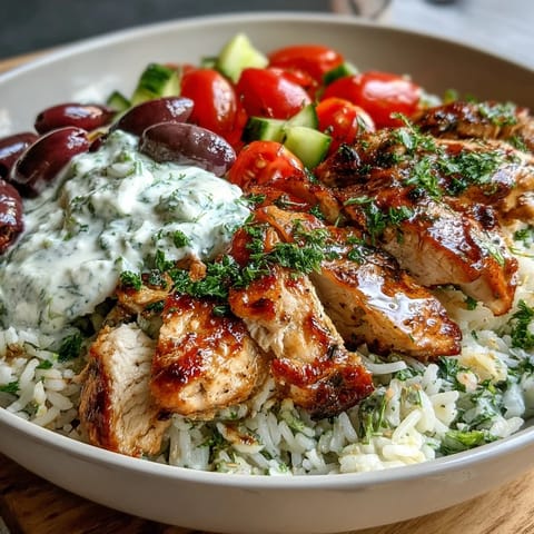 Juicy Greek Chicken Bowl with herbed rice, crisp salad, and creamy tzatziki topped with briny Kalamata olives.