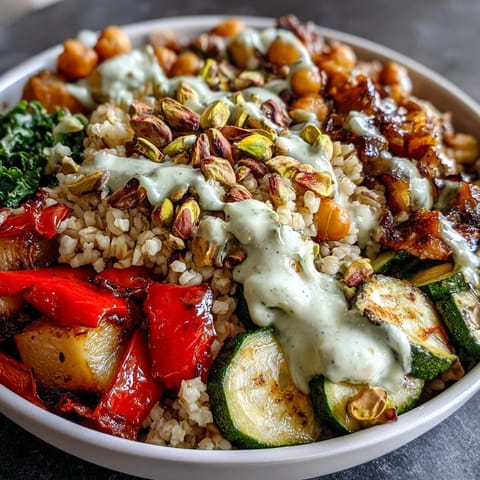 Bright Mediterranean Buddha Bowl Meal Prep with steamed kale, roasted zucchini, and creamy tahini dressing drizzled on top.