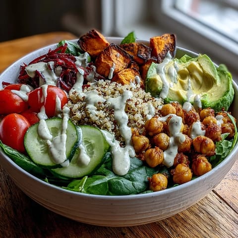 A vibrant Buddha Bowl with Quinoa, Roasted Sweet Potatoes, and Crispy Chickpeas is topped with fresh veggies and creamy garlic tahini dressing.