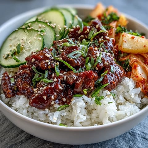 Vibrant Korean beef bowl with spicy gochujang-seasoned ground beef over fluffy rice and colorful pickled vegetables.  