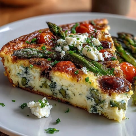 Healthy Easy Spring Veggie Frittata with fresh asparagus, spinach, and feta, baked until golden and fluffy.  