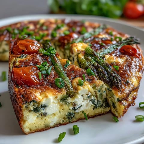 Vibrant spring vegetable frittata with cherry tomatoes, zucchini, and herbs, perfect for a light vegetarian meal.  