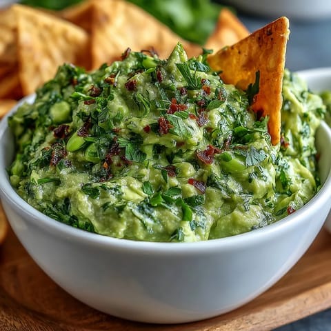 Edamame guacamole with fresh avocado, lime, and cilantro served with crispy pita chips for a healthy snack.  