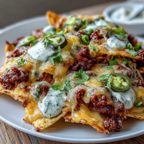Loaded Baseball Nachos with Jalapeños and Cheese Sauce: crispy tortilla chips piled high with seasoned beef, melted cheese sauce, and spicy jalapeños.