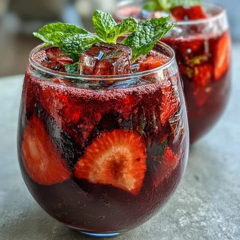 A vibrant glass of Homemade Starbucks Strawberry Açaí Refresher with fresh strawberry slices and ice cubes.