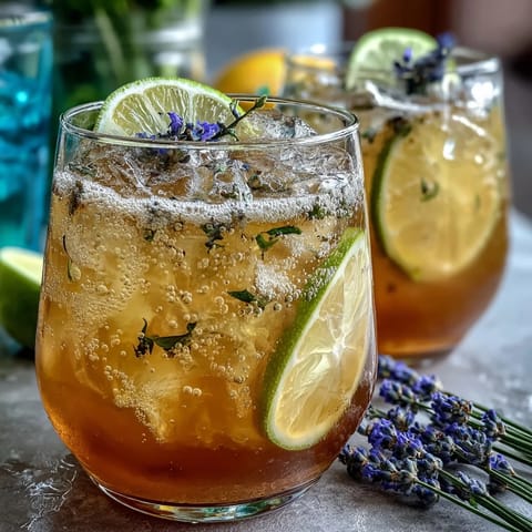 Refreshing lavender lemonade spritz in a tall glass with ice, garnished with lemon slices and lavender sprigs.