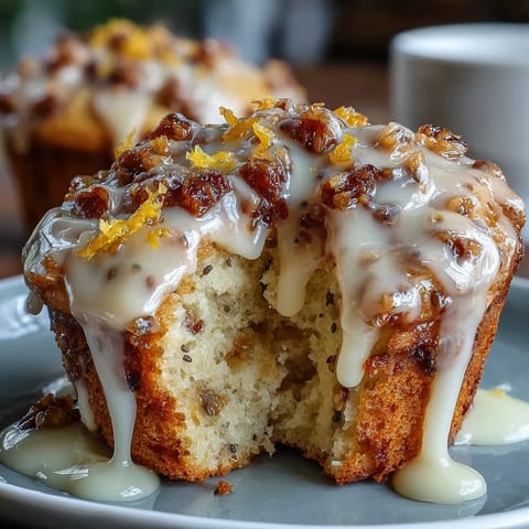 Bright lemon poppy seed muffins with a glossy glaze, fresh zest, and crunchy seeds, perfect for a sunny brunch table.
