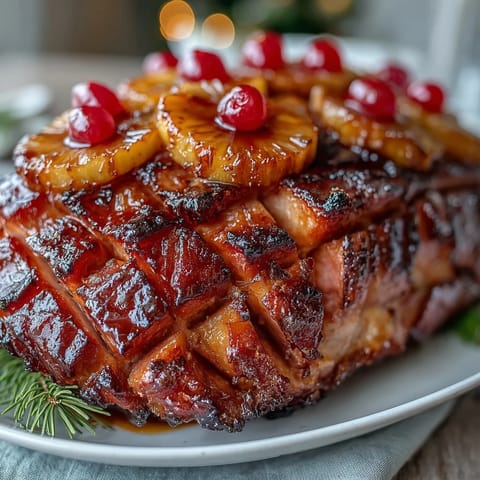 Succulent ham glazed in honey, adorned with pineapple and cherries, perfect for a holiday feast.