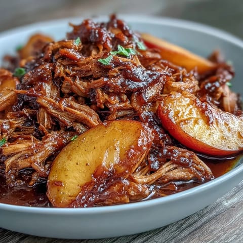 Honey peach BBQ pulled pork in a slow cooker, juicy and tender with sweet peach slices in tangy sauce.