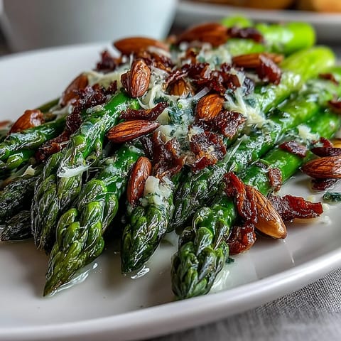 A vibrant platter of lemon butter asparagus with golden toasted almonds, perfect for spring celebrations.  