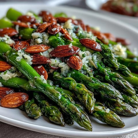 Tender asparagus spears glisten with lemon butter sauce, topped with crunchy toasted almond slices.  