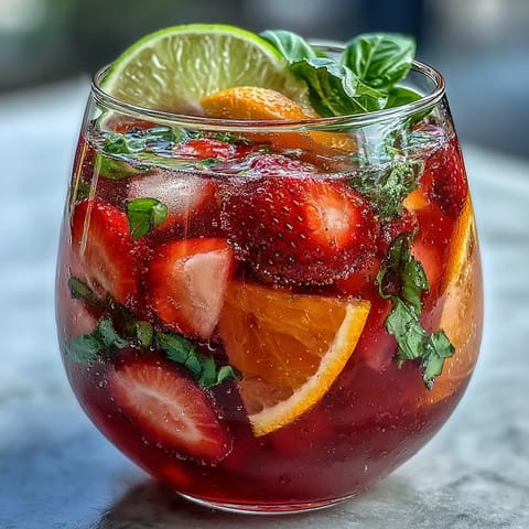 Bright and fruity Strawberry Basil Sangria Mocktail, featuring juicy berries, fragrant herbs, and sparkling citrus water in a pitcher.