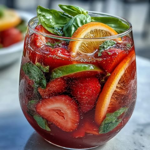 Strawberry Basil Sangria Mocktail with vibrant citrus slices and fresh basil, a refreshing alcohol-free summer beverage perfect for parties.