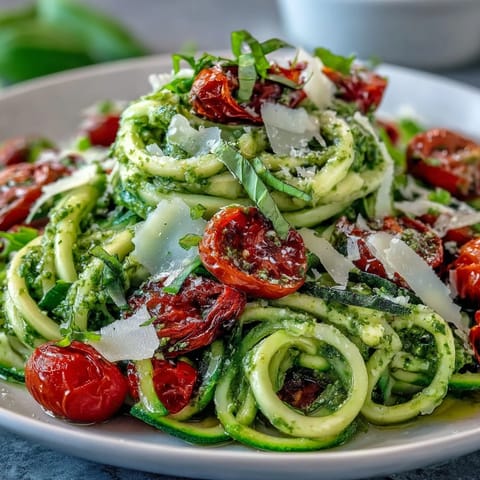 Fresh zucchini noodles tossed with basil pesto and juicy cherry tomatoes, a light Mediterranean-inspired vegetarian dish.  