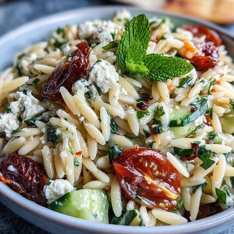 Fresh orzo salad with cucumber, feta, and lemon dressing, bursting with Mediterranean flavors and bright citrus notes.  