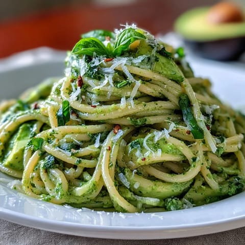 Creamy Avocado Pesto Pasta with vibrant green sauce, ready in minutes by food processor.
