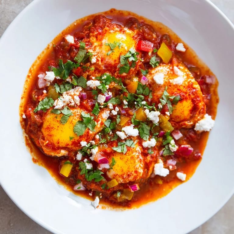 Freshly made Shakshuka with bright red tomatoes, peppers, and perfectly cooked eggs for brunch.
