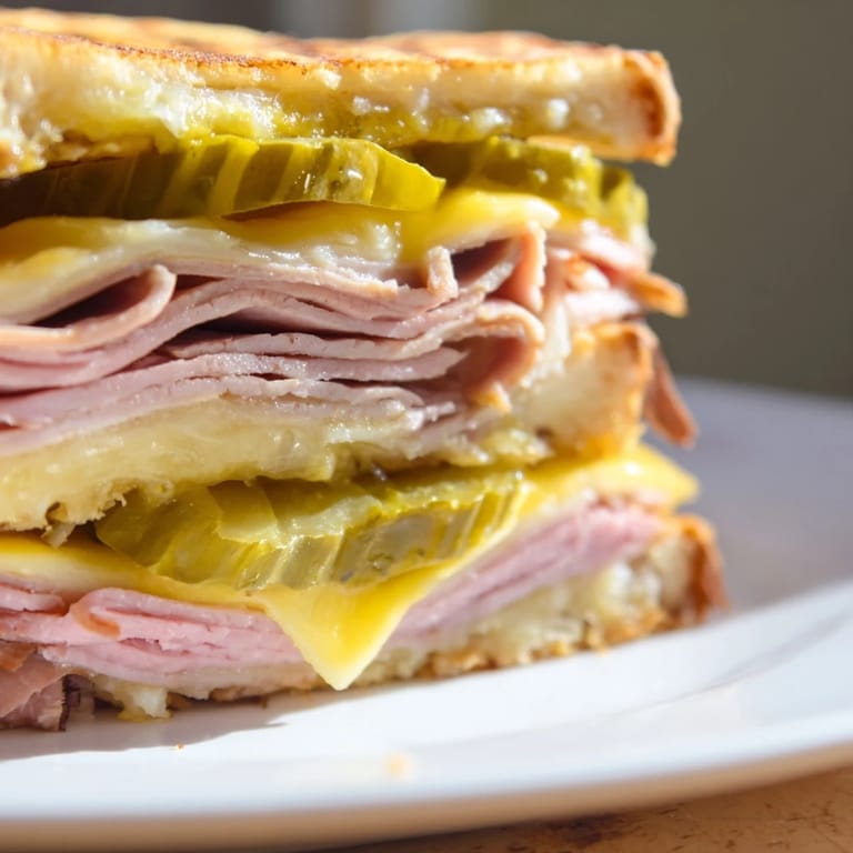 Crispy-edged Cuban sandwich, pressed until golden, featuring tangy pickles and savory ham.