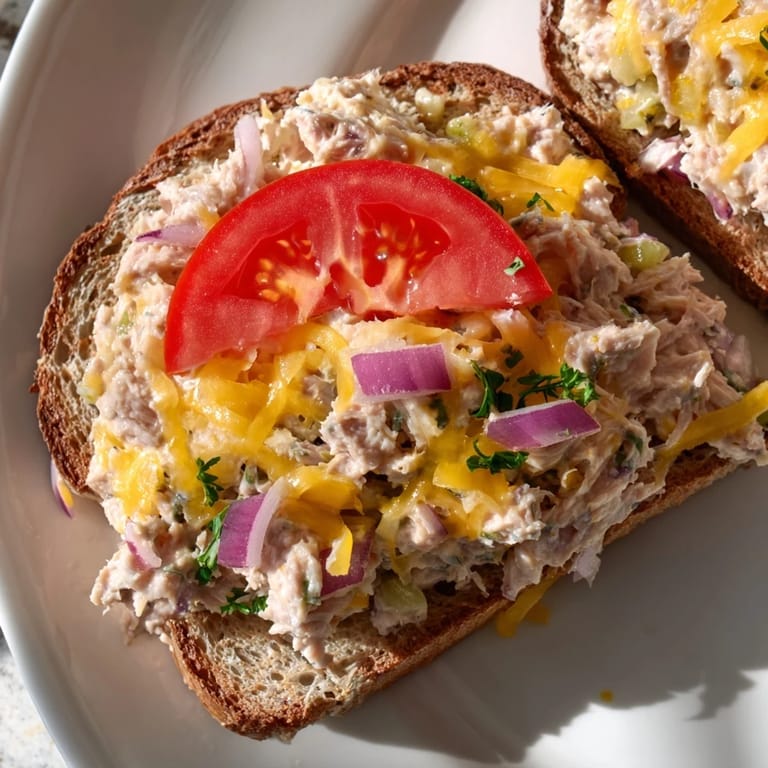 Hearty sourdough topped with creamy tuna salad, cheese melted for a delicious tuna melt.