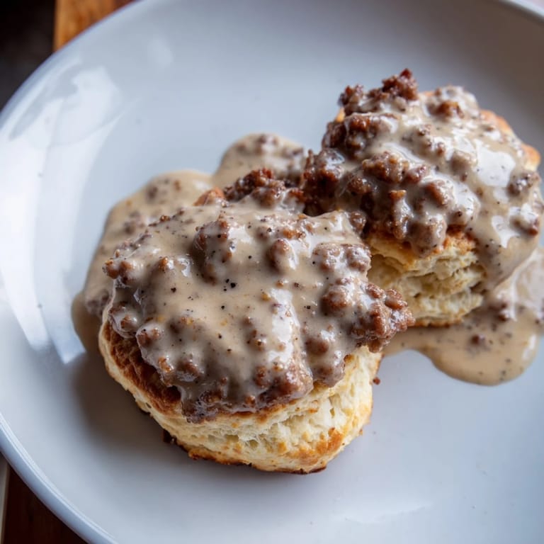 A close-up of steaming biscuits and gravy, showcasing the creamy sausage and golden biscuits.
