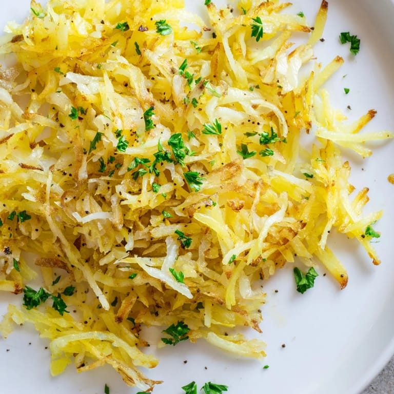 Deliciously crispy hash browns made with shredded potatoes, ready to be enjoyed with sunny-side-up eggs.