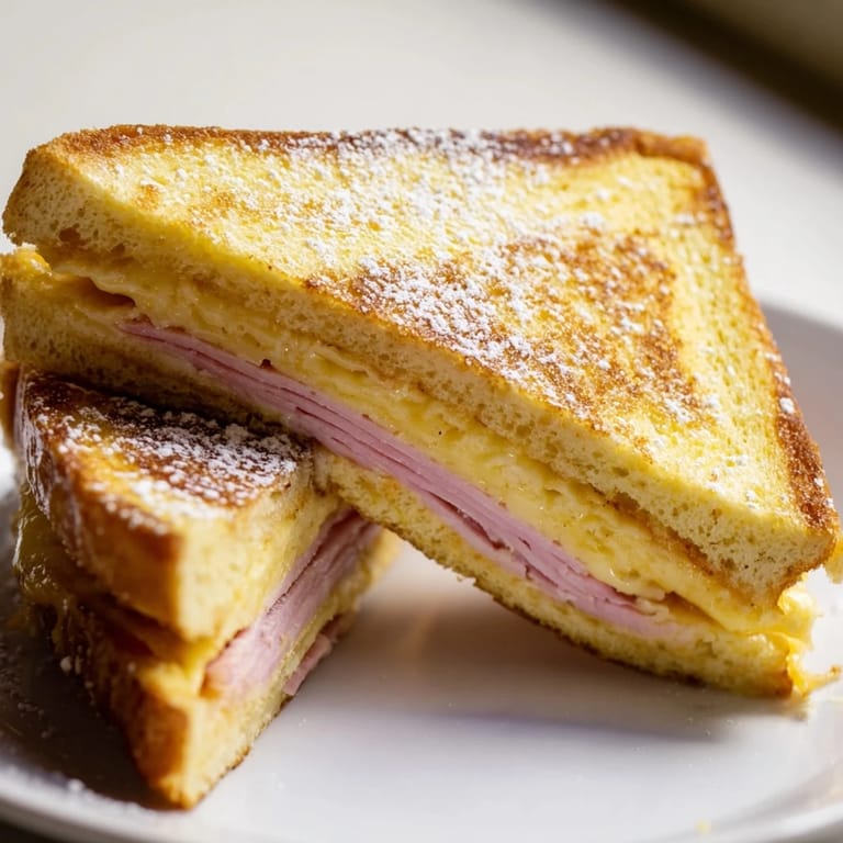 Perfectly fried Monte Cristo sandwich, dusted with powdered sugar, ready for a delicious bite.