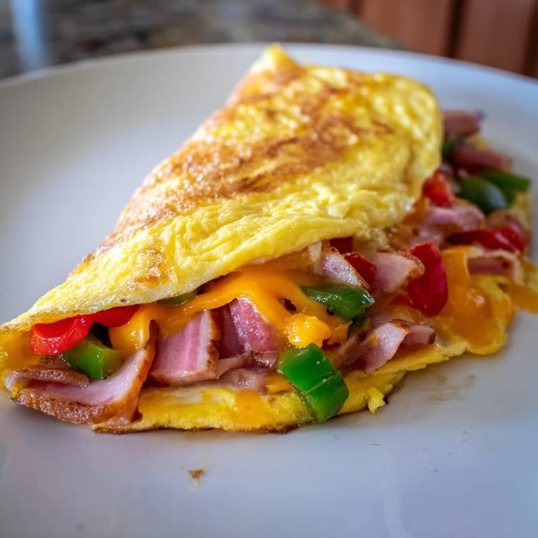 Savory and flavorful Denver Omelet, capturing the vibrant colors of peppers, ham, and cheese, makes an excellent meal.