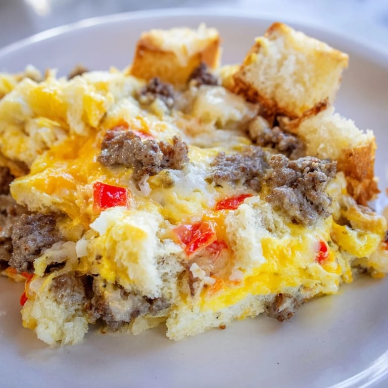 A close-up of a golden Breakfast Sausage Casserole, showing savory sausage and melty cheese.