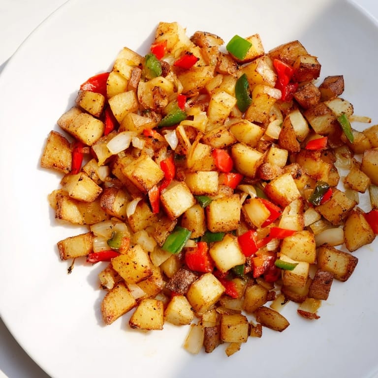 A close-up of sizzling home fries, showing perfectly browned potatoes and colorful bell peppers.