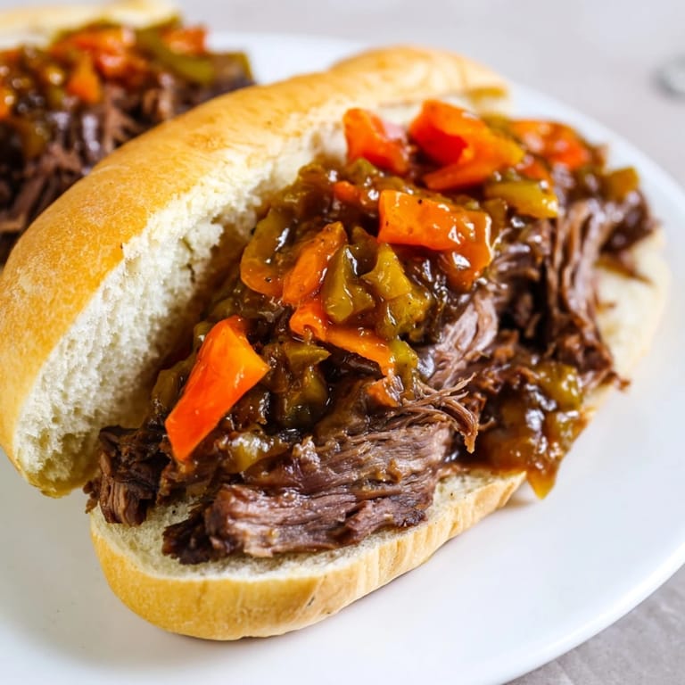 Hot, flavorful Italian Beef Sandwich served with a side of au jus for dipping, perfect for dinner.