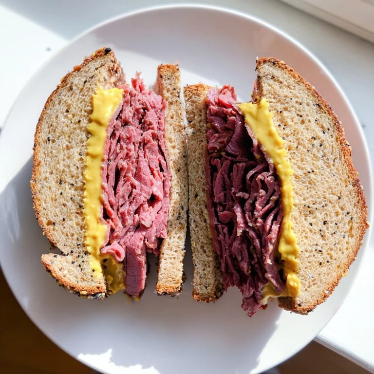 A close-up of a perfectly stacked pastrami on rye, savory meat filling fresh rye bread.