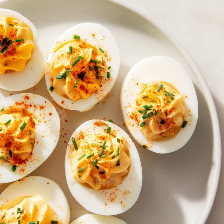 Classic deviled eggs, perfectly halved eggs filled with tangy filling, savory appetizer for a gathering.