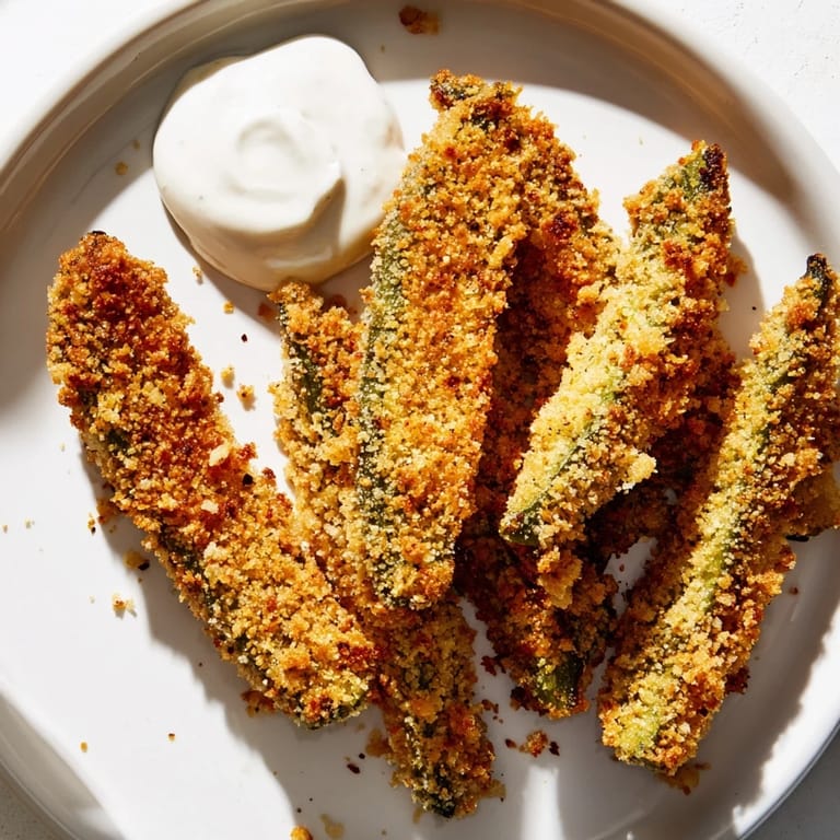 These golden-brown fried pickles are irresistible, ready to enjoy with a tangy, cool ranch dip.