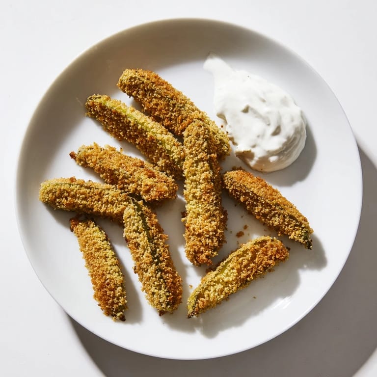 Close-up of freshly fried pickles showcasing their crunchy coating with a side of creamy ranch for dipping.