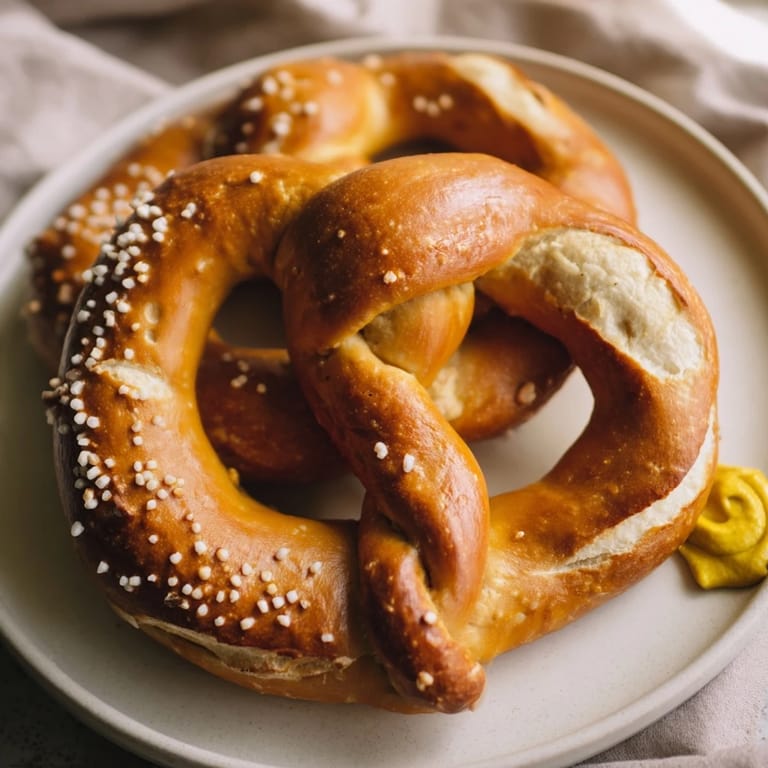 Freshly baked soft pretzels, twisted into classic shape, are served warm for an irresistible snack.
