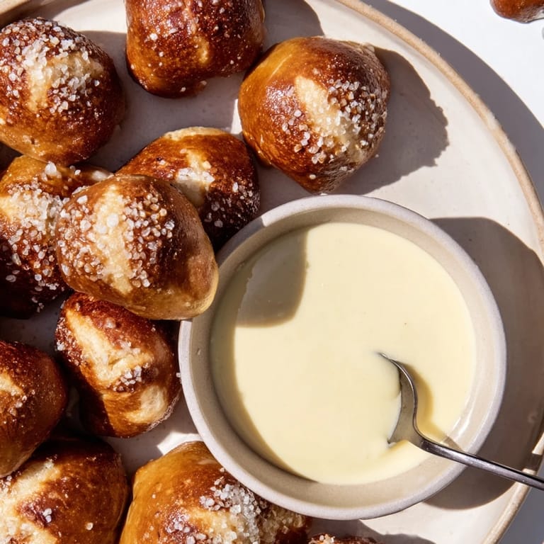 Delicious, soft pretzel bites, served alongside a vibrant, cheesy dip for sharing at any gathering.