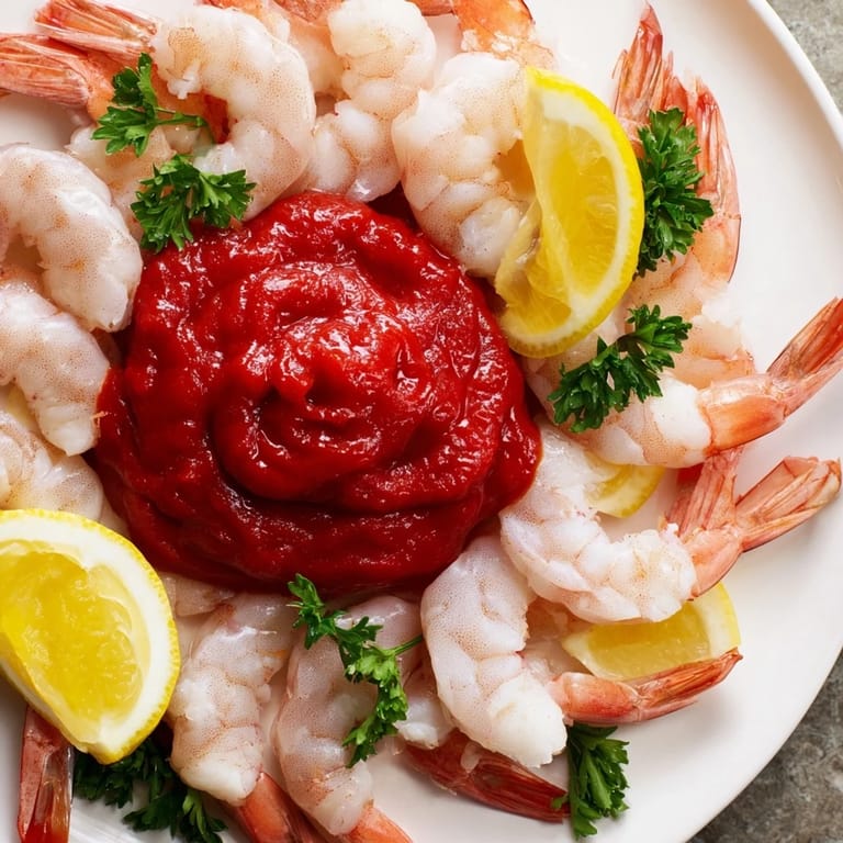 Chilled Shrimp Cocktail with vibrant red cocktail sauce and lemon wedges, a classic appetizer.