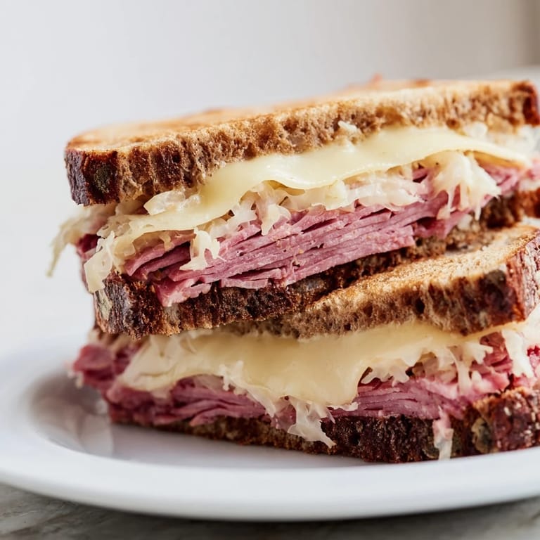 Enjoy a warm and comforting Reuben sandwich, with crispy rye bread and oozing melted cheese.