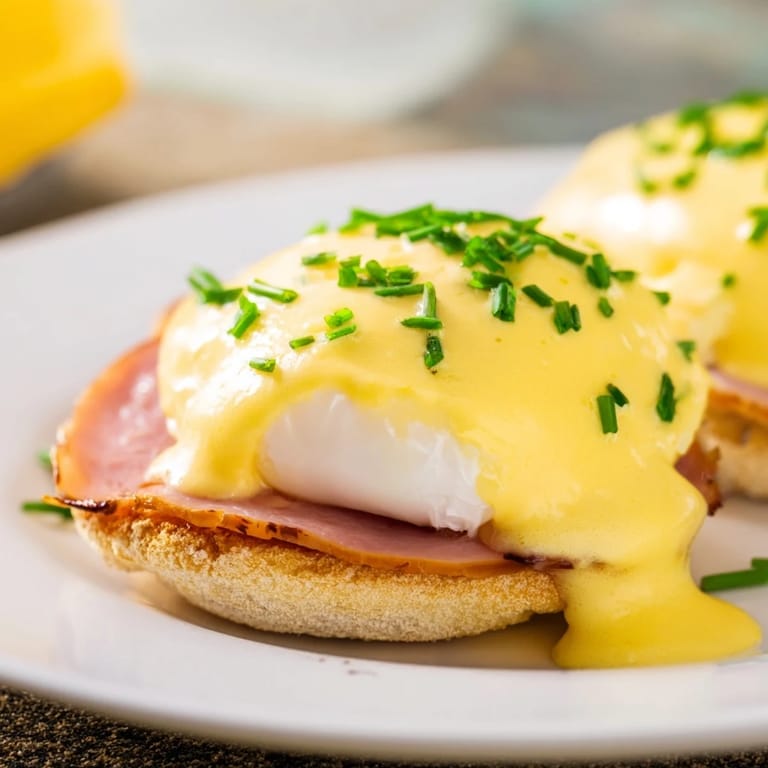 Enjoy a delicious bite: Canadian bacon, and soft-yolked eggs covered in Eggs Benedict.