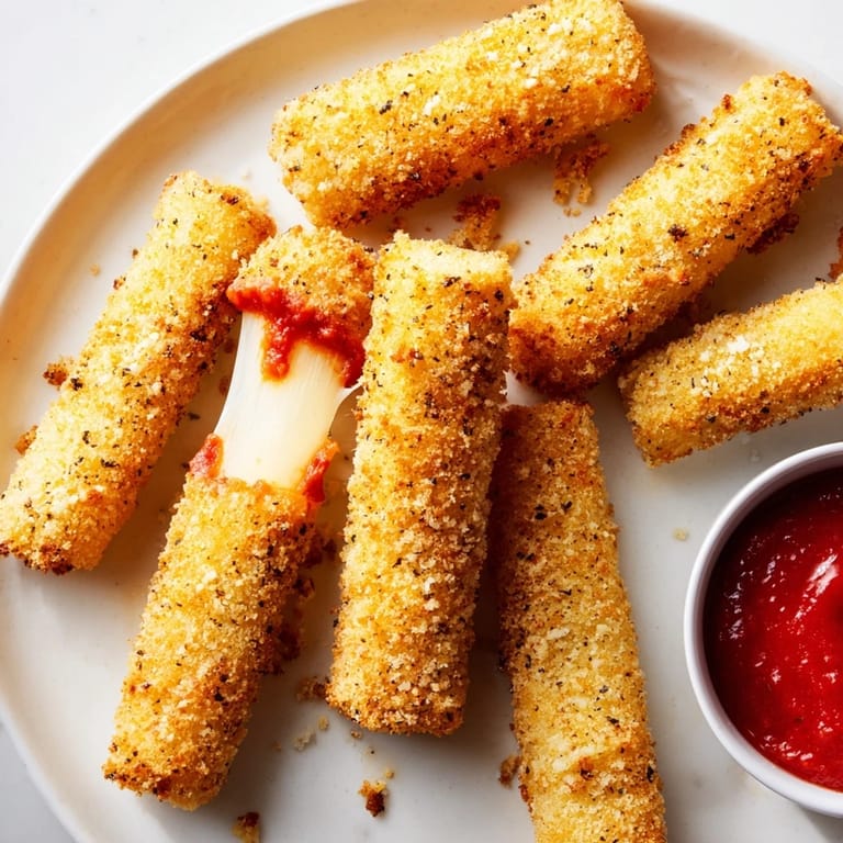 Perfectly breaded and cooked mozzarella sticks, offering a satisfying crunch with every savory bite.