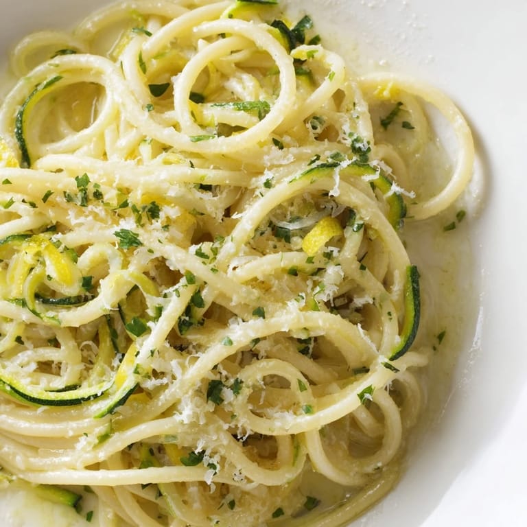 For a fresh summer meal, a skillet of Lemon Zucchini Pasta is ready to serve, with crisp zucchini ribbons and garlic-infused olive oil glistening under warm light.