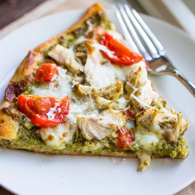 Slice of Chicken Pesto Pizza lifted to show melted mozzarella, juicy tomatoes, and fragrant basil pesto sauce.
