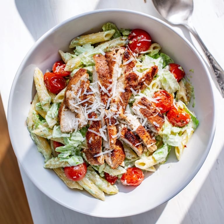 A close-up of Spicy Chicken Caesar Pasta with cherry tomatoes and crispy croutons.