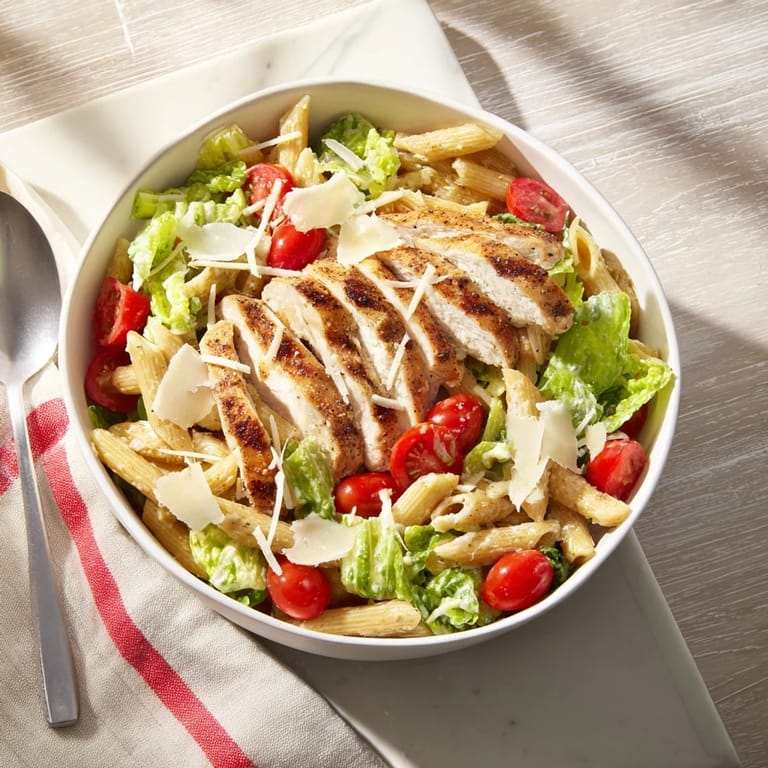 Serving bowls of Spicy Chicken Caesar Pasta topped with parmesan and lemon wedges.