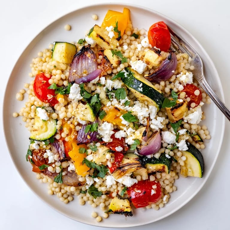 Roasted Veggie Couscous Salad featuring fluffy couscous, tender roasted vegetables, fresh herbs, and crumbled feta on a white plate.  