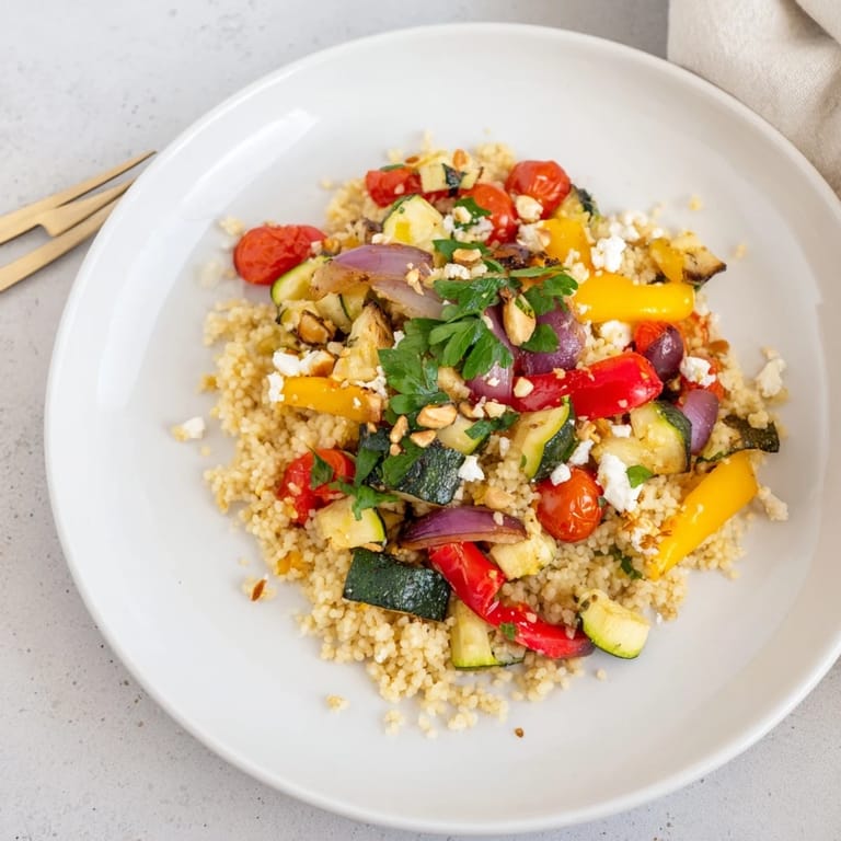 Roasted Veggie Couscous Salad served warm as a light Mediterranean main, garnished with toasted pine nuts and fresh parsley.