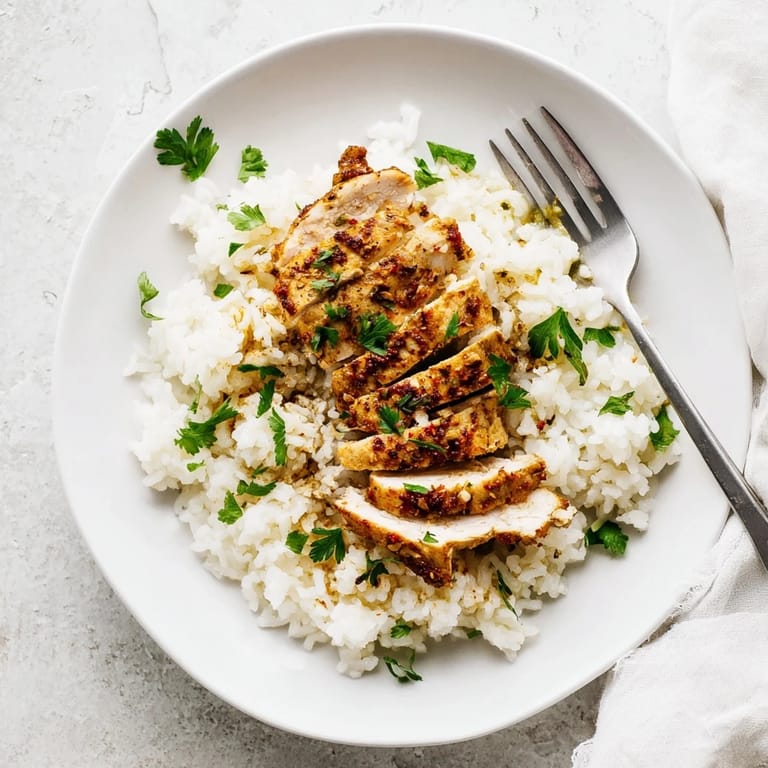 Savory garlic butter rice and perfectly grilled chicken served in a white ceramic bowl, garnished with parsley and lemon.