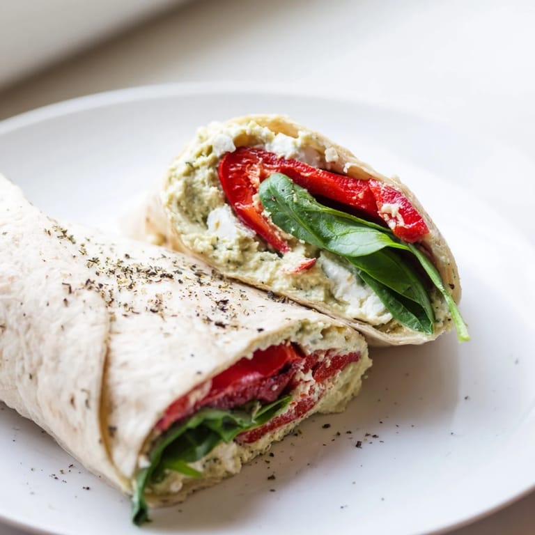 Colorful Mediterranean Veggie Wrap sliced in half, revealing layers of hummus, peppers, and feta.