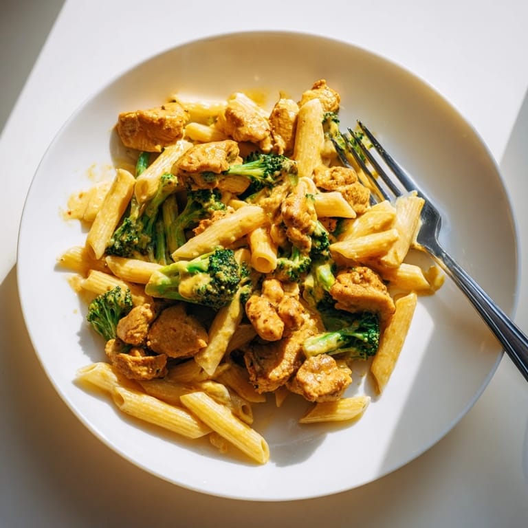 Golden chicken pieces and steamed broccoli tossed in rich cheddar sauce over pasta.
