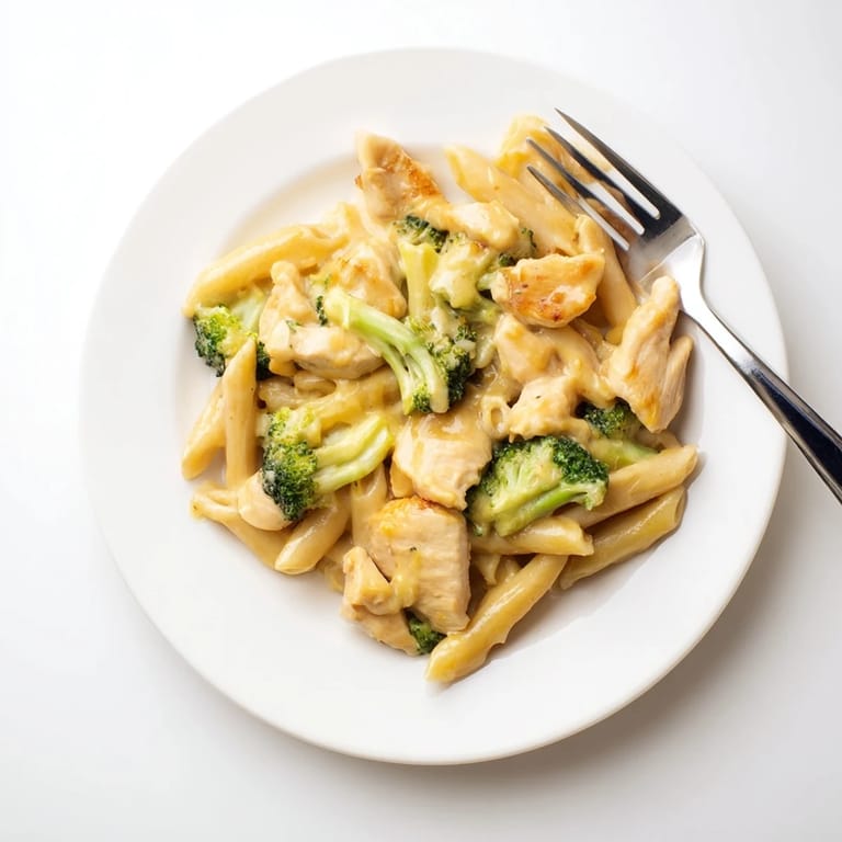 Comforting bowl of Chicken Broccoli Cheddar Pasta, served warm and garnished with melted cheese.